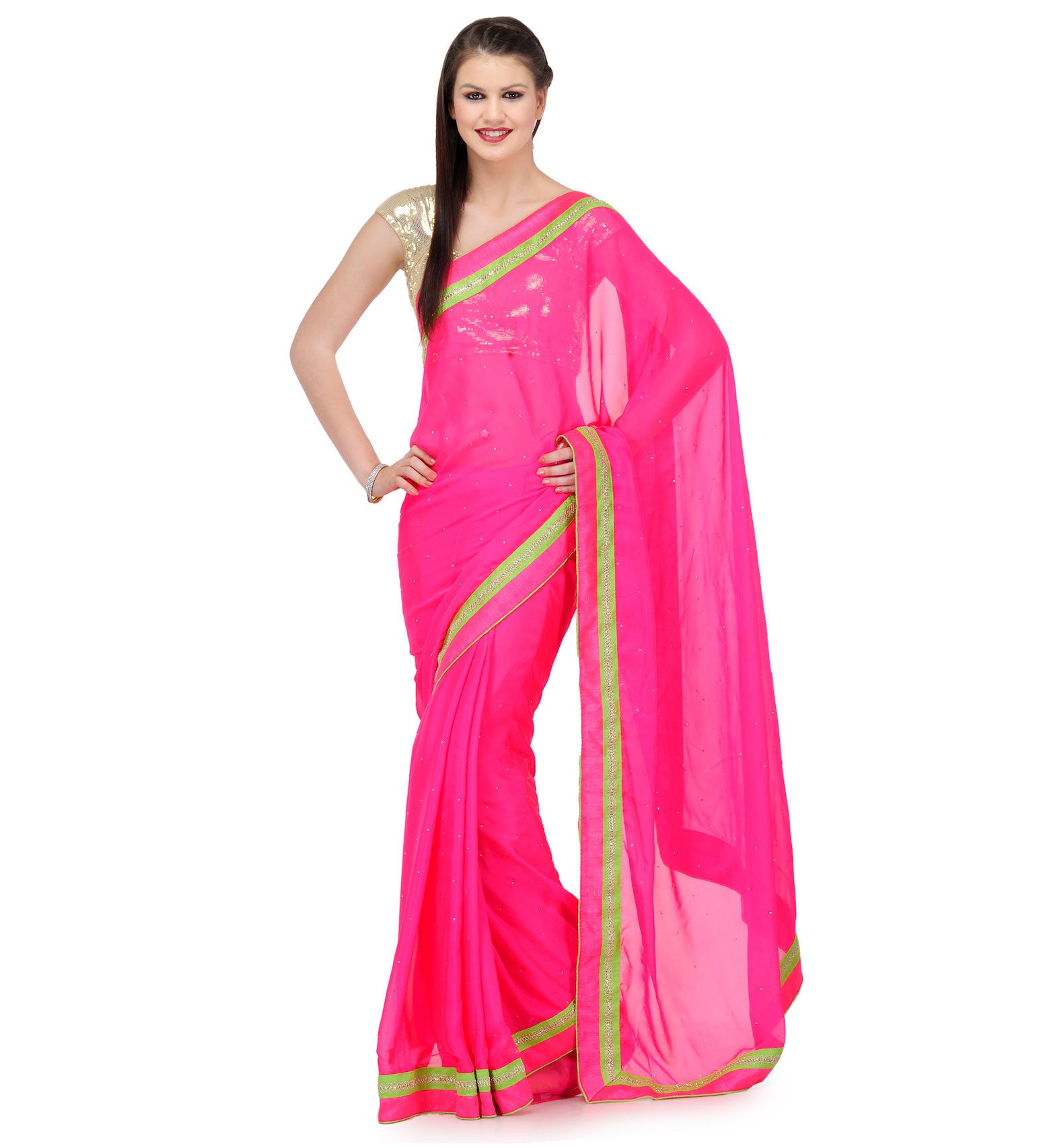 Pink Faux Crepe Saree with Swarovski Work