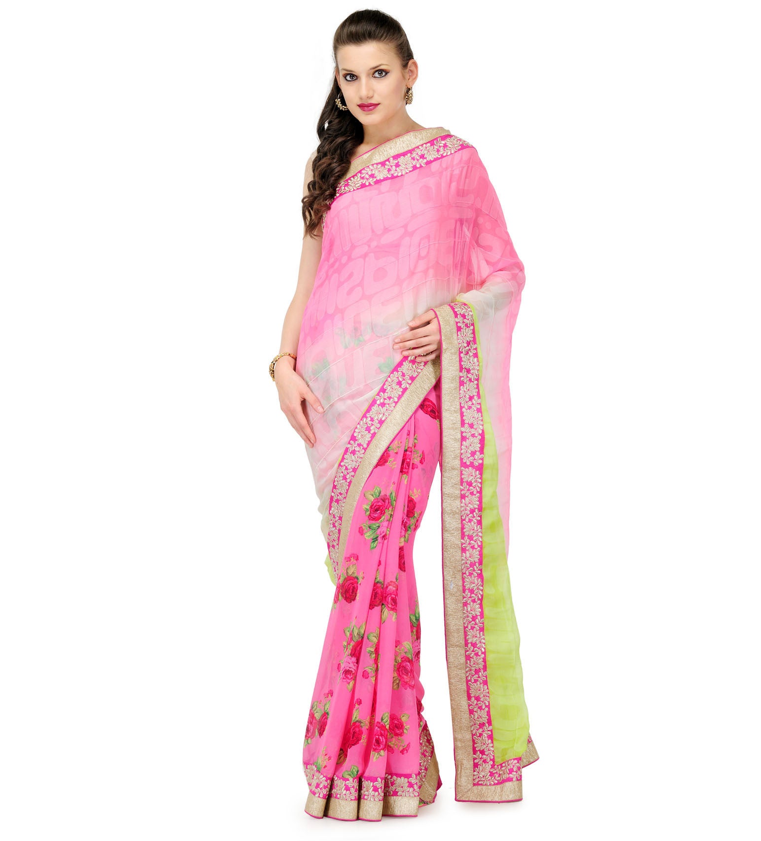 Rose, Beige & Green Shaded Faux Chiffon Saree