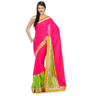 Magenta & Green Faux Georgette Saree