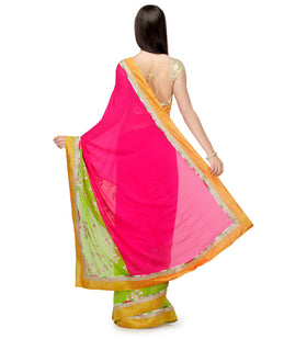 Magenta & Green Faux Georgette Saree