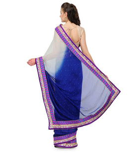 Navy Blue & Yellow Shaded Faux Chiffon Saree