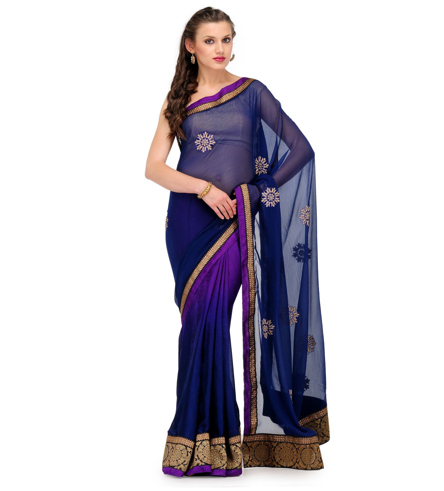 Navy Blue & Violet Shaded Faux Chiffon Saree