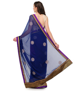 Navy Blue & Violet Shaded Faux Chiffon Saree