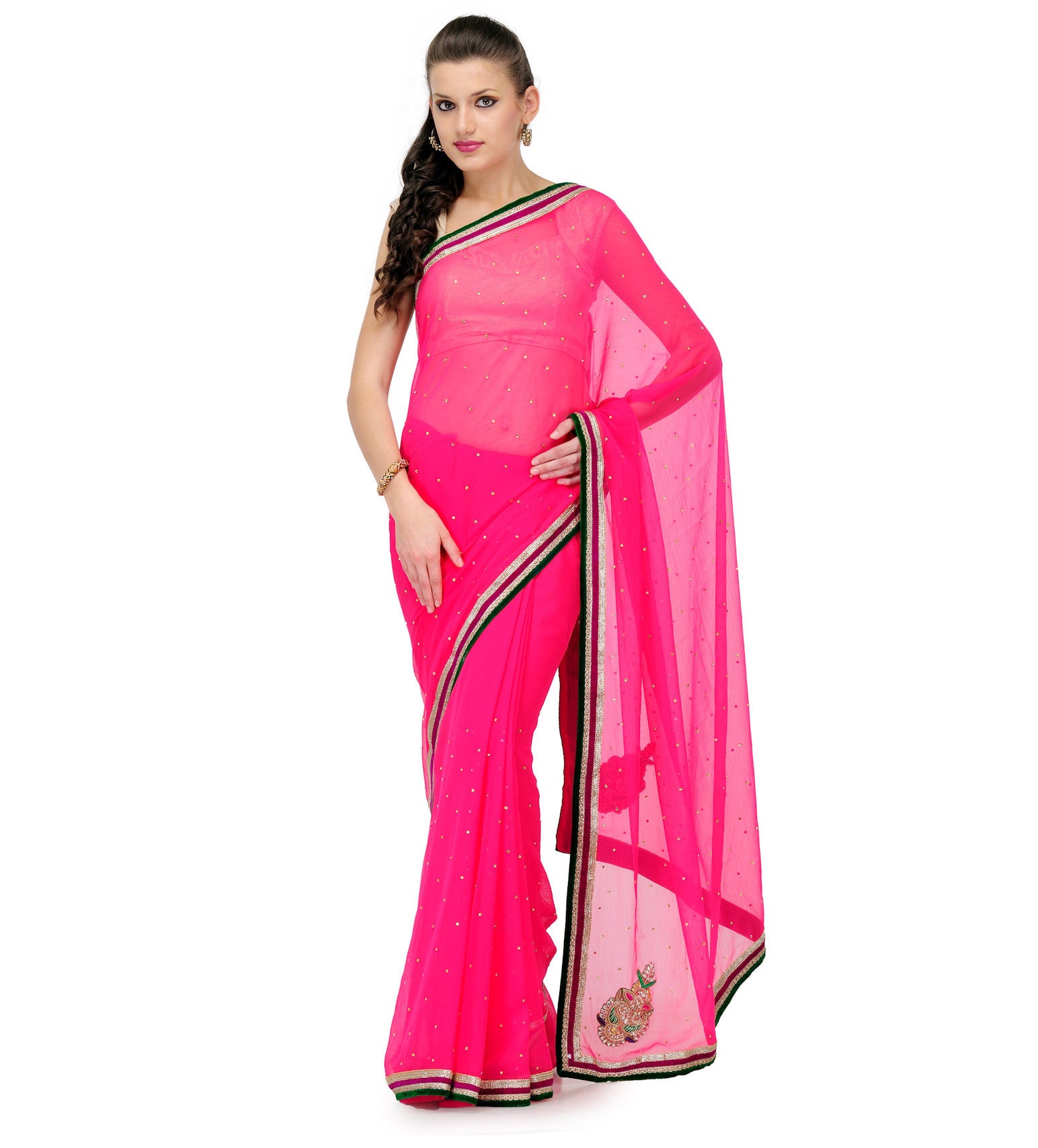 Pink Faux Chiffon Saree with Swarovski Work