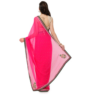 Pink Faux Chiffon Saree with Swarovski Work