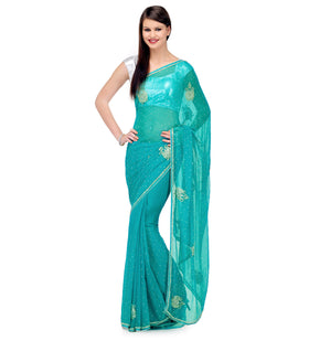 Turquoise Faux Chiffon Saree with Stone Work