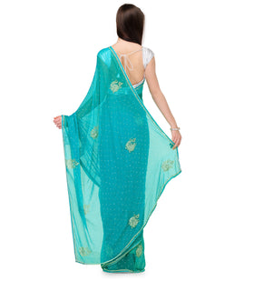 Turquoise Faux Chiffon Saree with Stone Work