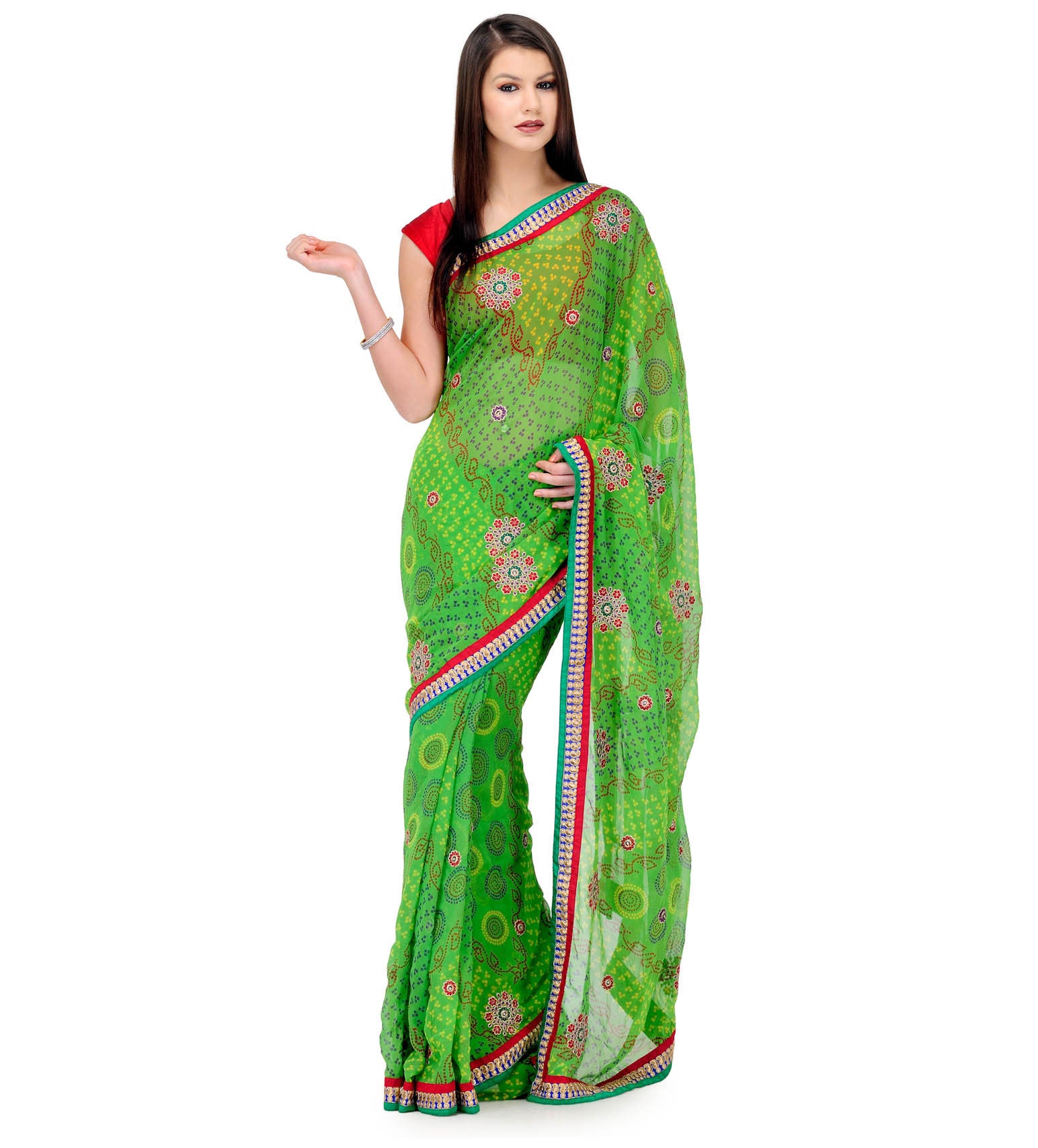 Green Faux Georgette Saree with Zari Border