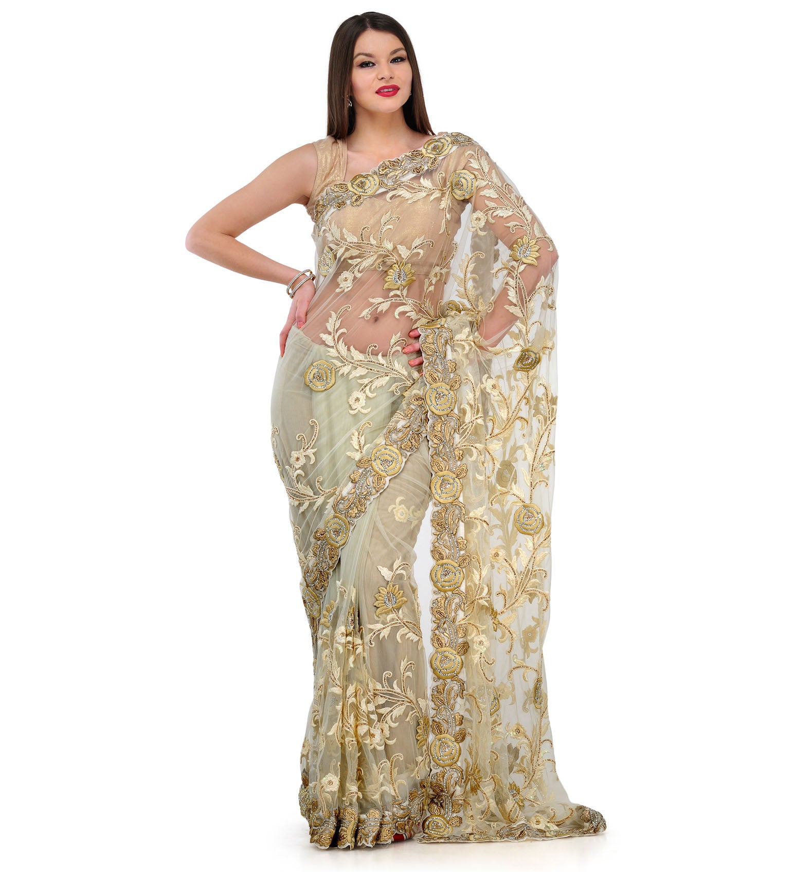 Off White Net Saree with Resham Work