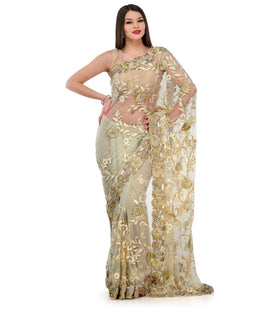 Off White Net Saree with Resham Work