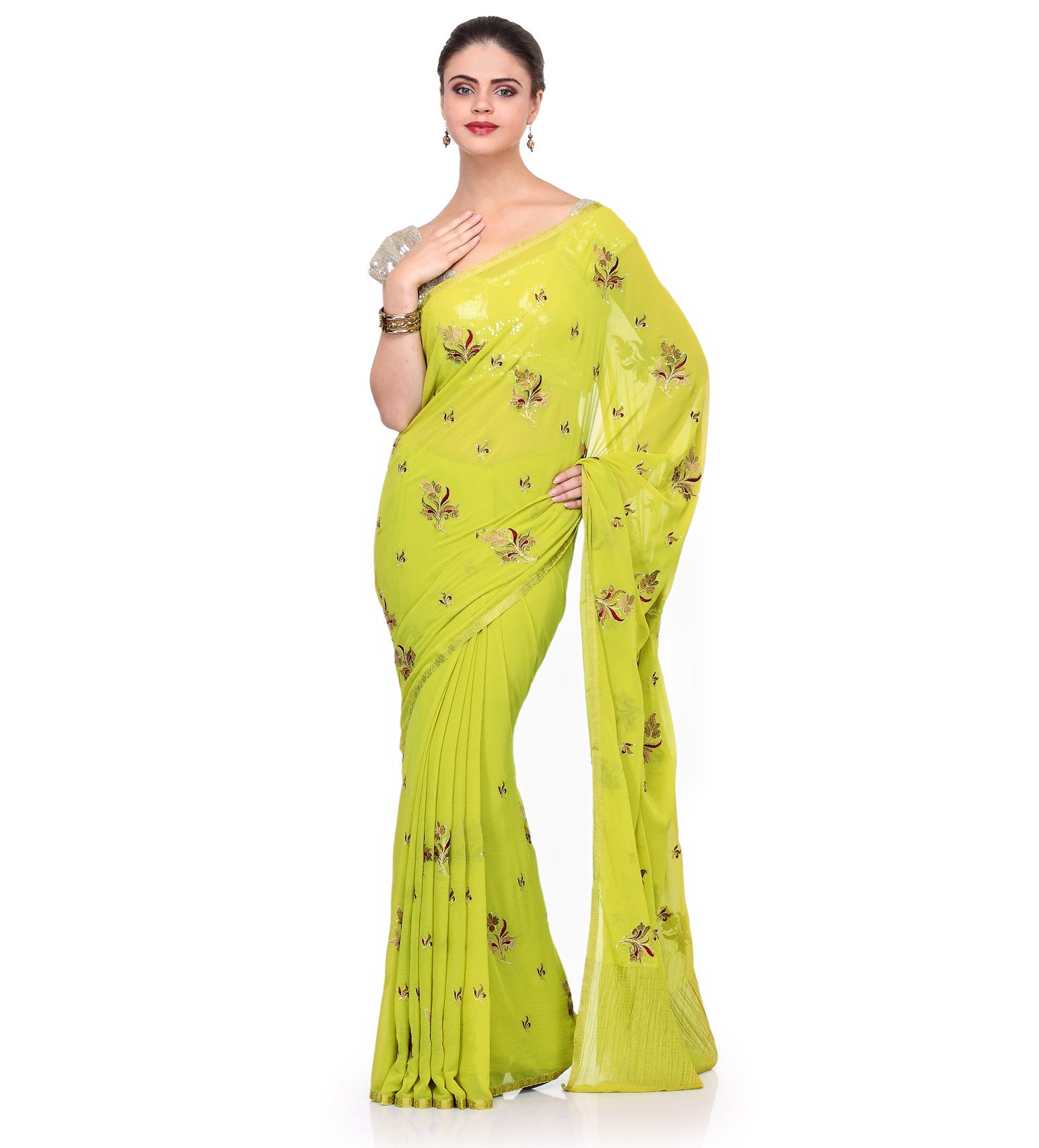 Green Faux Chiffon Saree with Resham Buta