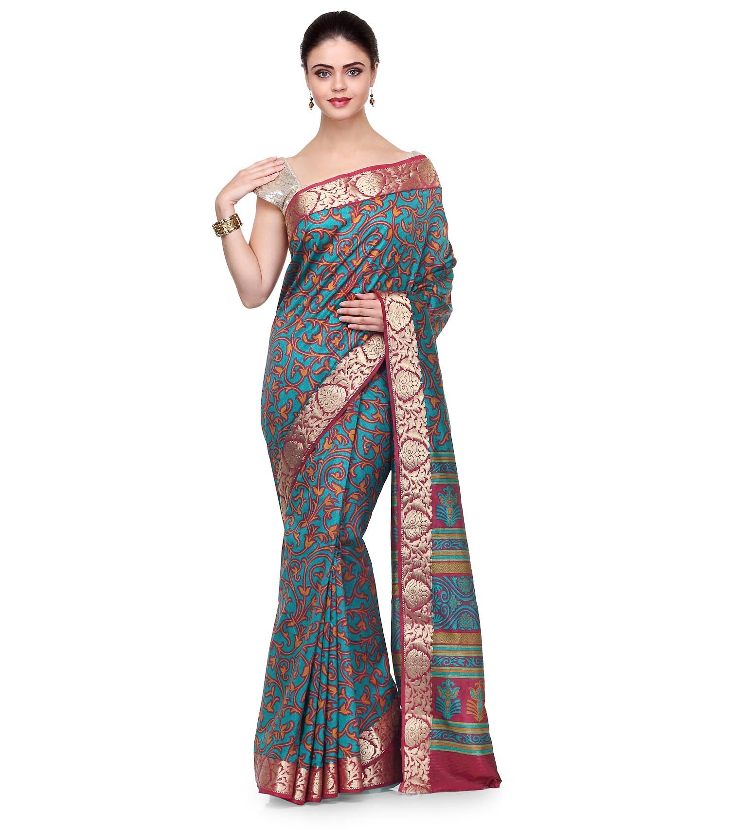 Turquoise Art Silk Printed Saree