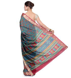 Turquoise Art Silk Printed Saree