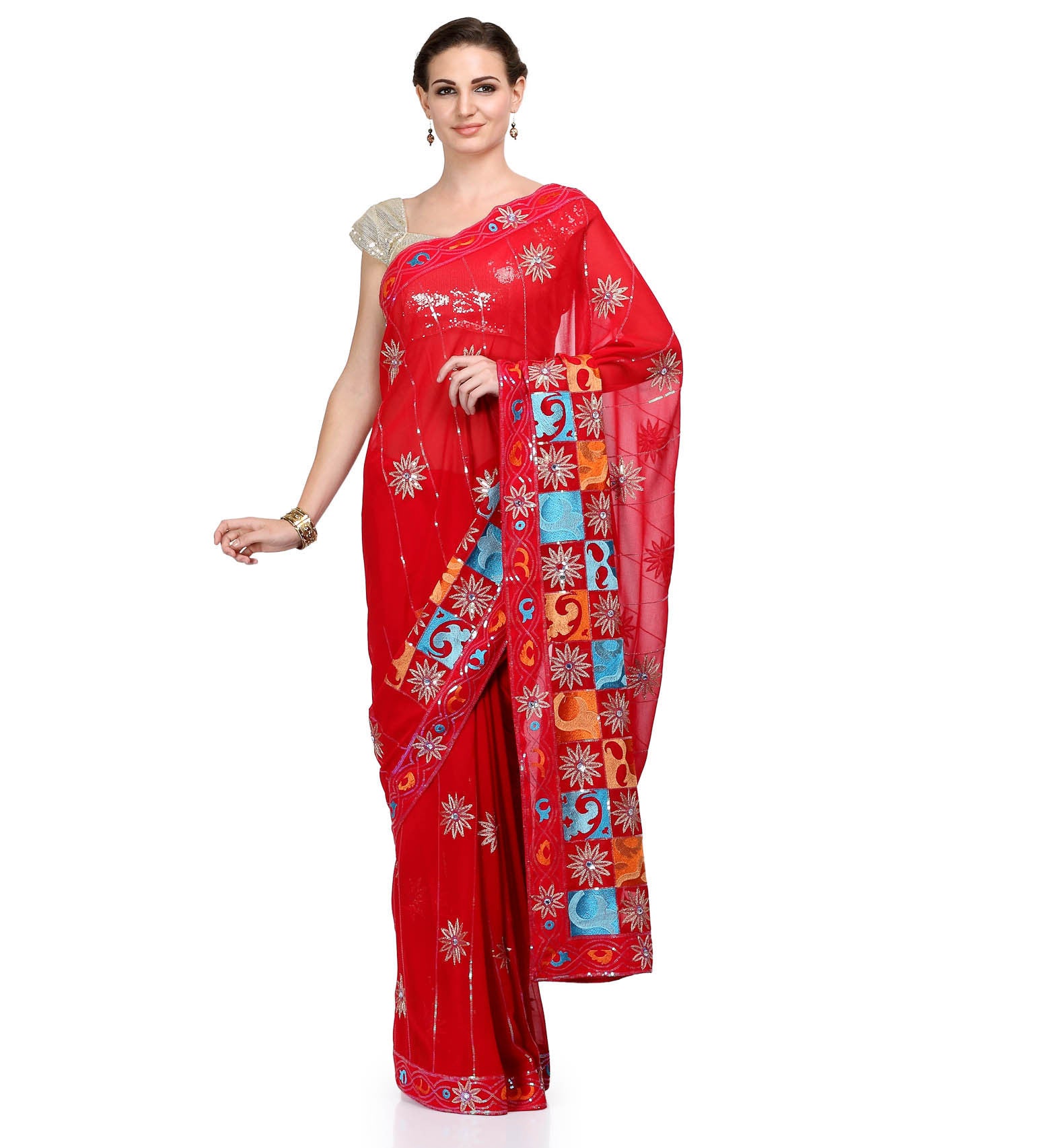 Red Faux Georgette Saree