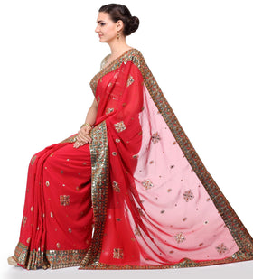 Red Faux Georgette Saree with Sequin Work