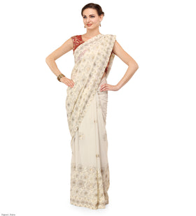 Off White Faux Georgette Saree