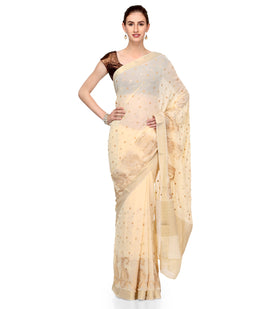 Beige Faux Chiffon Saree with Zari Work