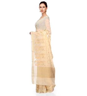 Beige Faux Chiffon Saree with Zari Work