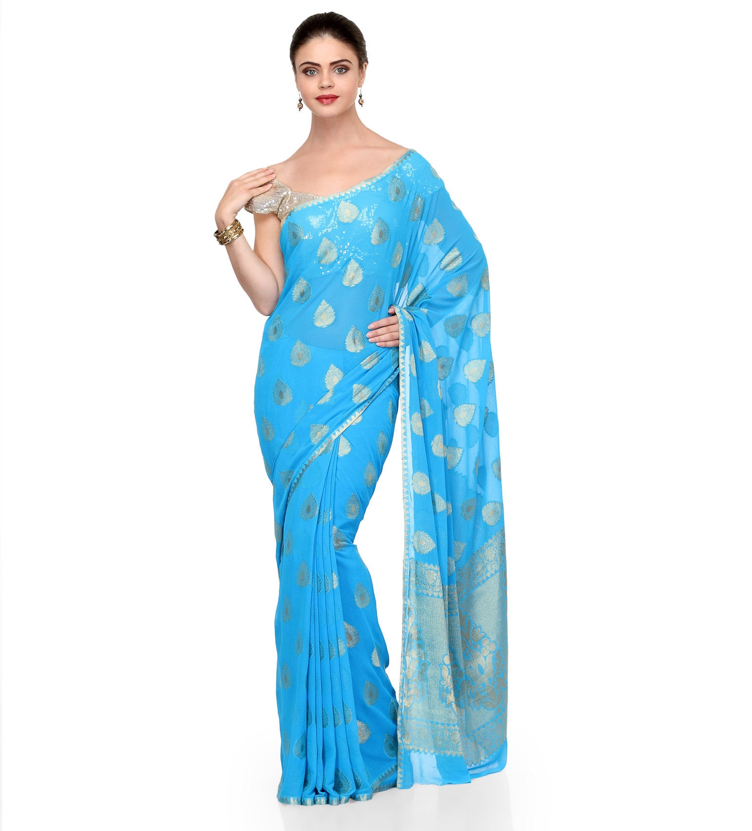 Sky Blue Zari Woven Faux Chiffon Saree