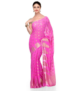 Pink Zari Woven Faux Chiffon Saree