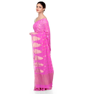 Pink Zari Woven Faux Chiffon Saree