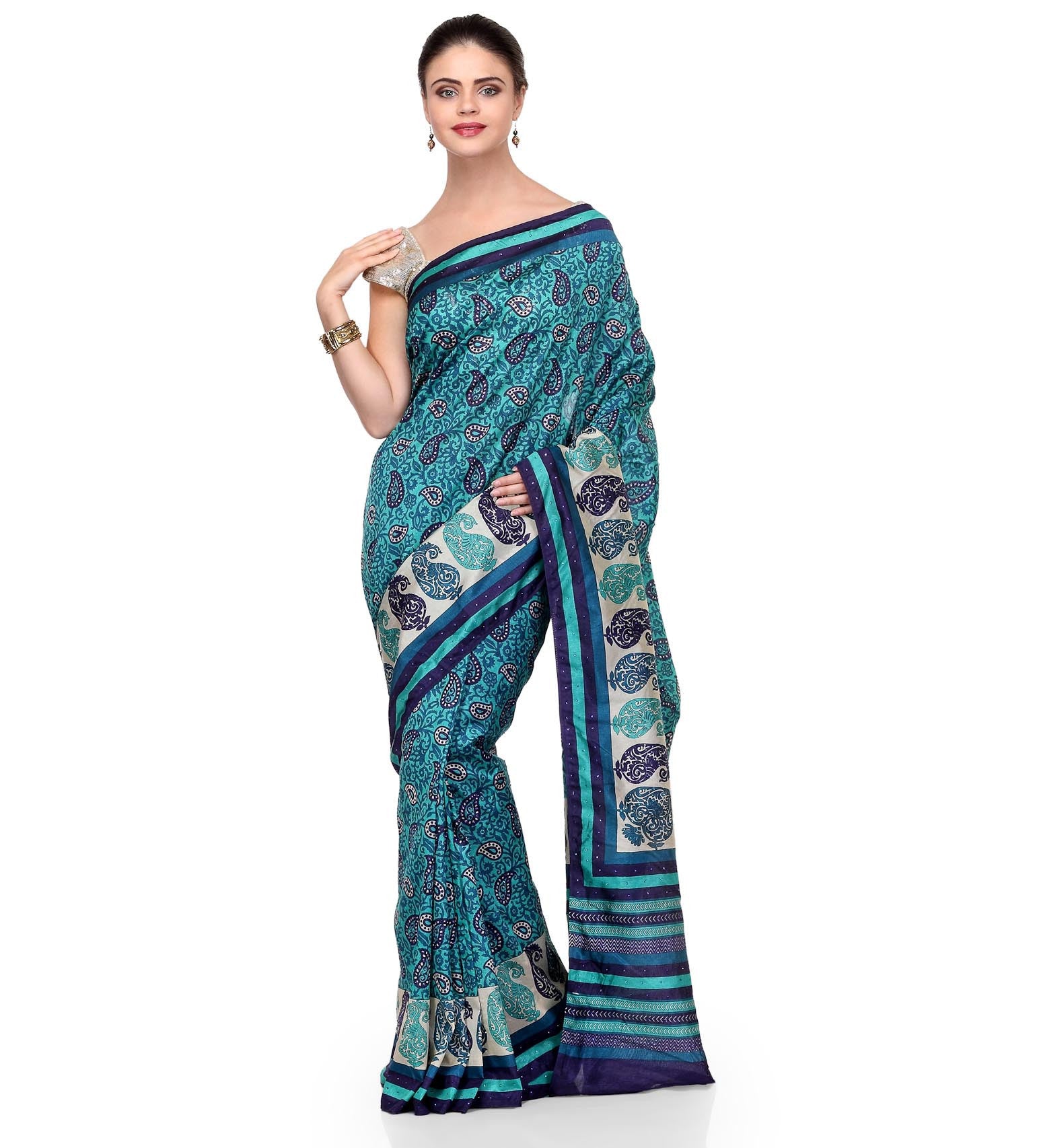 Blue Art Silk Printed Saree with Swarovski Work