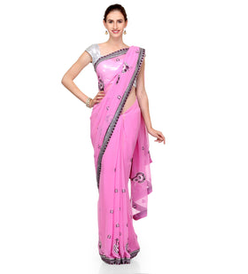 Pink Faux Chiffon Saree with Resham Buta