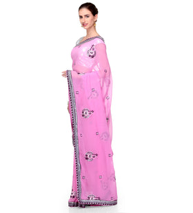 Pink Faux Chiffon Saree with Resham Buta