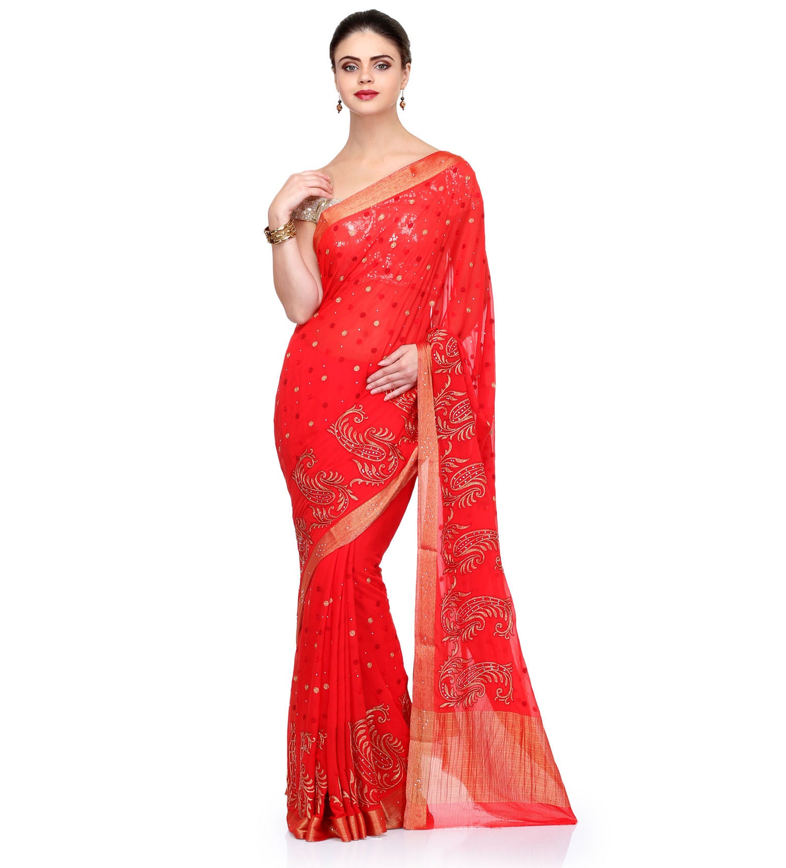 Red Faux Chiffon Saree with Zari Work