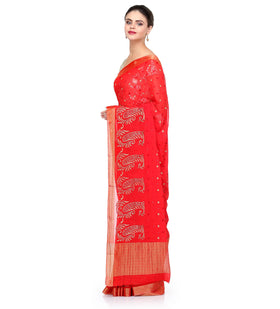 Red Faux Chiffon Saree with Zari Work