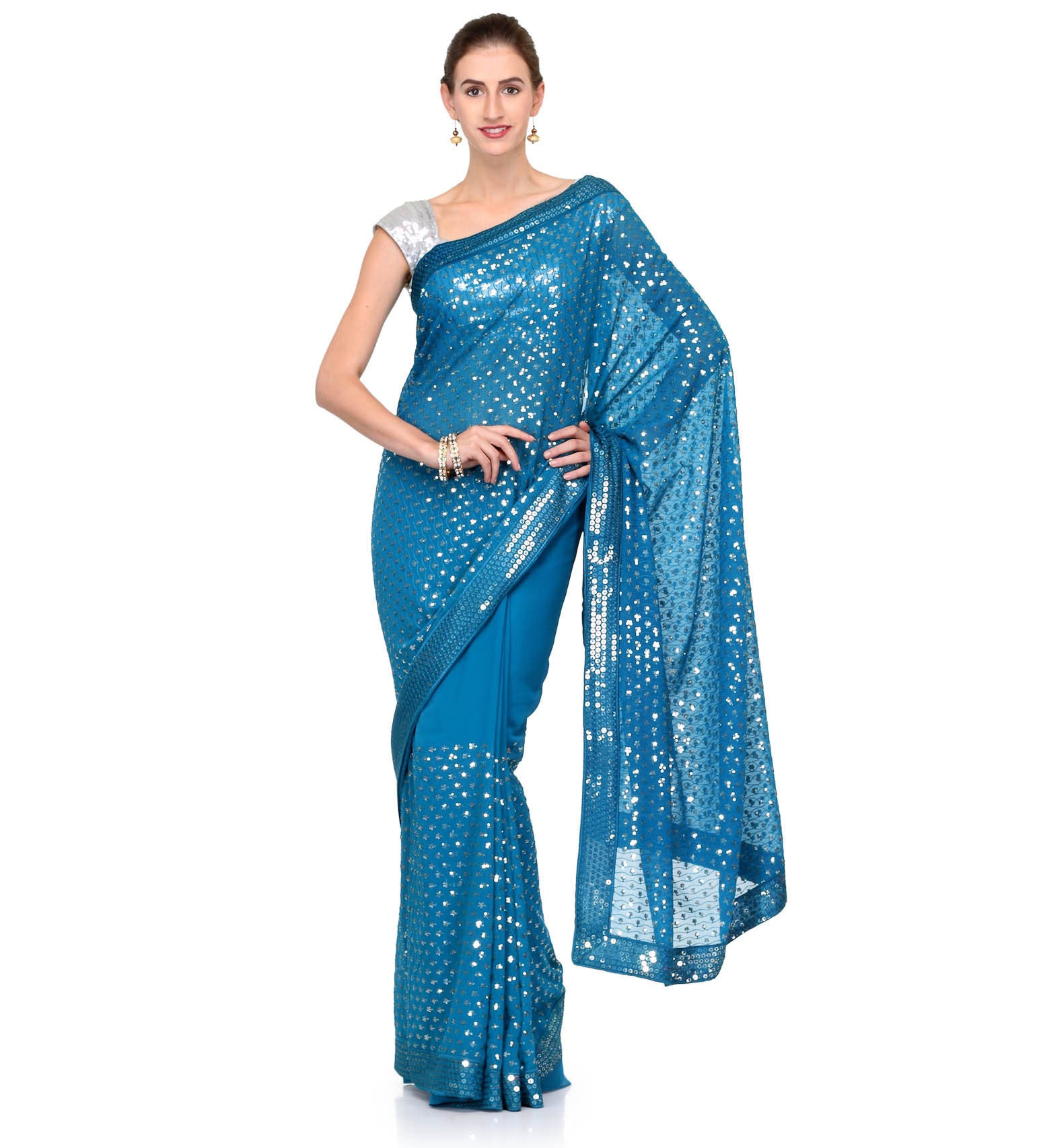 Dark Turquoise Faux Georgette Saree