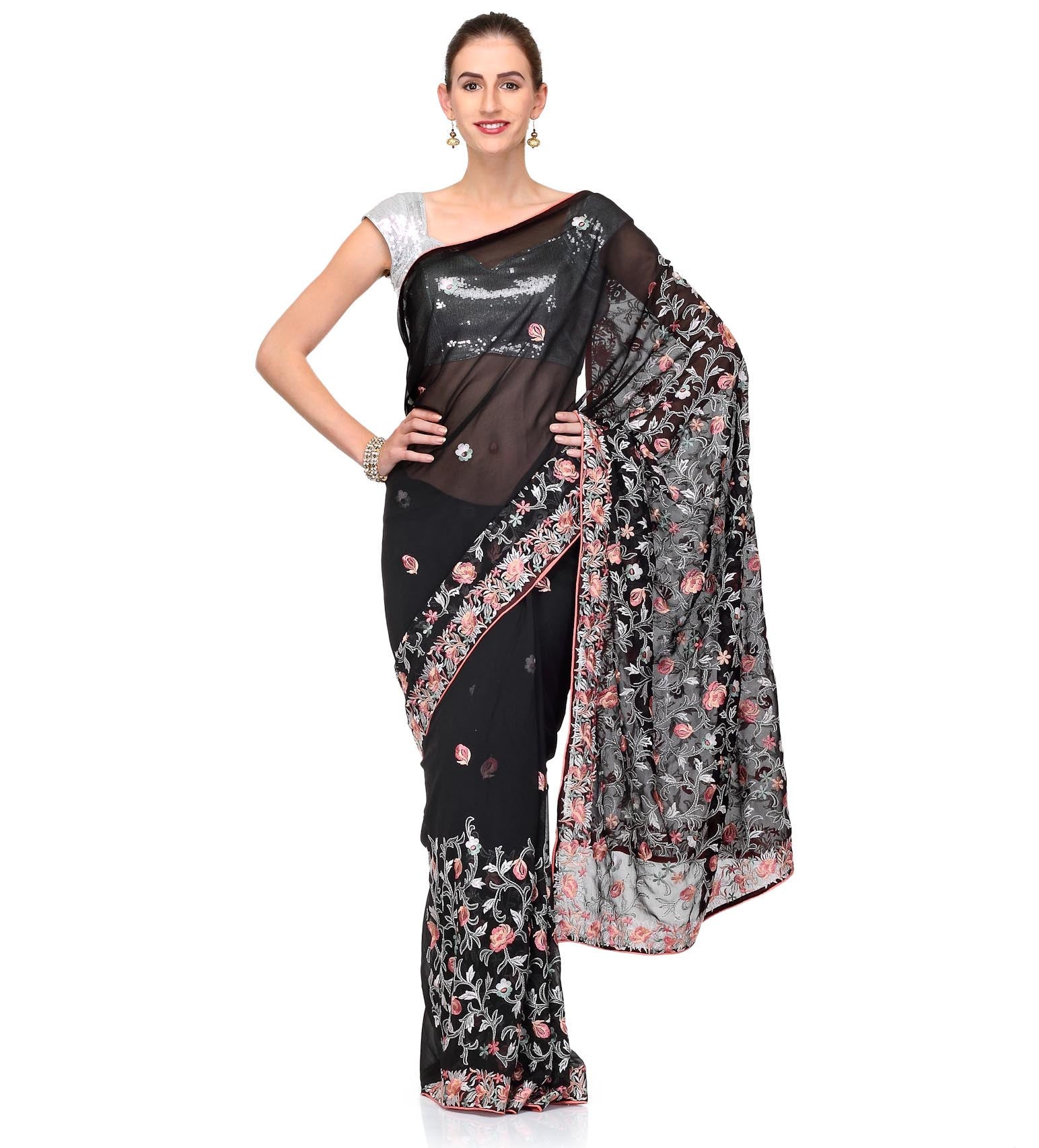 Black Faux Georgette Saree with Resham Work