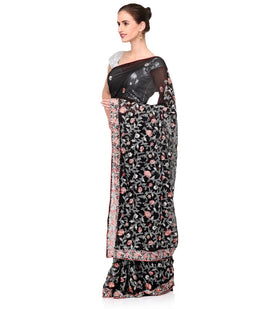 Black Faux Georgette Saree with Resham Work