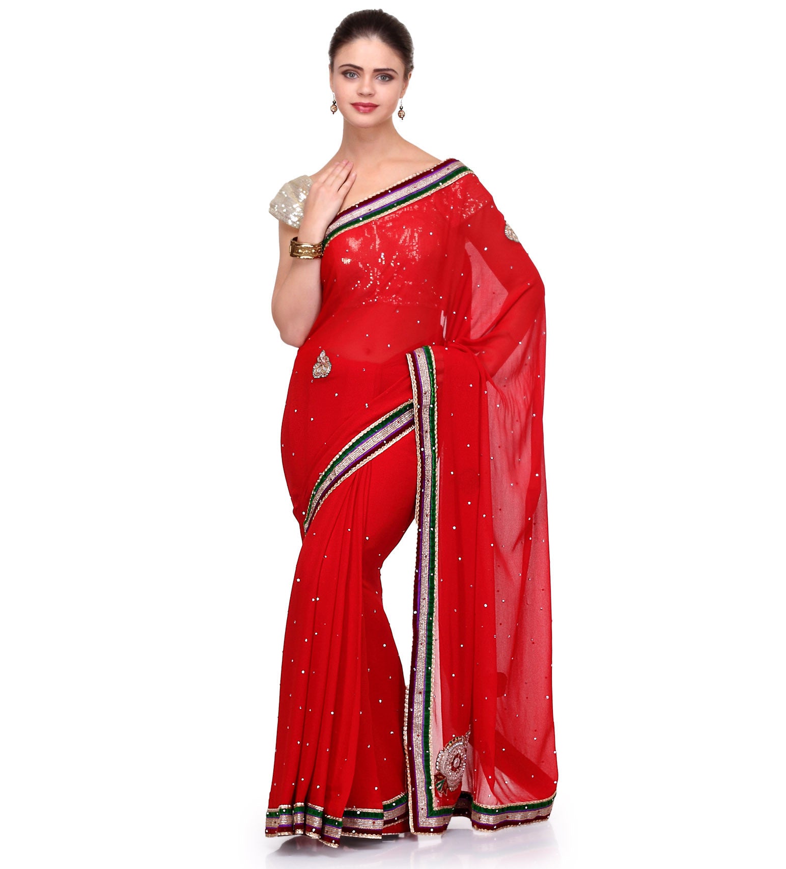 Red Faux Georgette Saree with Patch Work