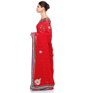 Red Faux Georgette Saree with Patch Work