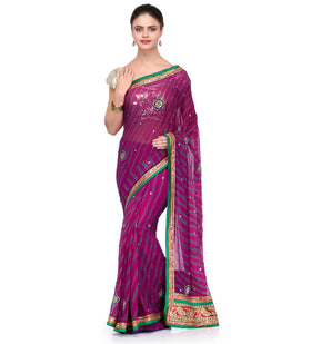 Purple Faux Georgette Leheriya Printed Saree